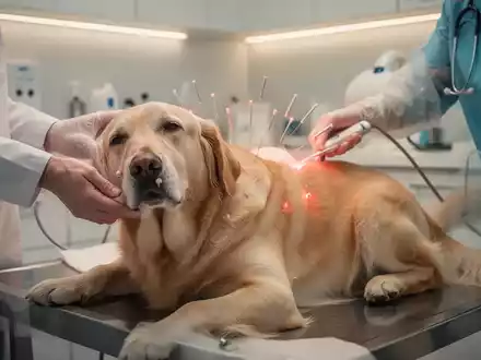 Ein mittelgroßer Hund liegt entspannt, während ein Tierarzt sanft eine Akupunktur- oder Laserbehandlung durchführt. - Foto: über boerse-global.de