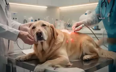 Ein mittelgroßer Hund liegt entspannt, während ein Tierarzt sanft eine Akupunktur- oder Laserbehandlung durchführt. - Foto: über boerse-global.de