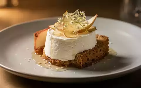 Ein kunstvoll angerichtetes Gourmet-Dessert mit Ziegenfrischkäsemousse, Dattelbrioche und Apfel-Holundergelee auf einem Teller. - Foto: über boerse-global.de