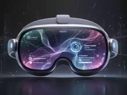 Close-up of an Apple Vision Pro headset displaying a futuristic, abstract digital interface with glowing lines and elements. - Foto: über boerse-global.de