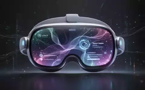 Close-up of an Apple Vision Pro headset displaying a futuristic, abstract digital interface with glowing lines and elements. - Foto: über boerse-global.de