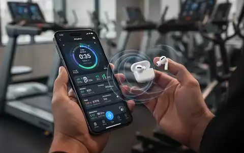 A hand holding an iPhone displaying fitness data, with AirPods Pro 3 earbuds connected. Blurred gym equipment in the background. - Foto: über boerse-global.de