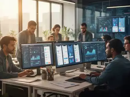 A diverse team of app developers collaborates in a modern office, focused on screens displaying app interfaces and data analytics. - Foto: über boerse-global.de