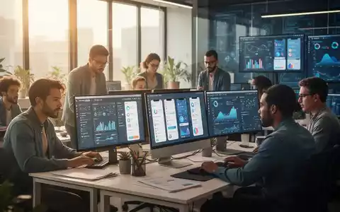 A diverse team of app developers collaborates in a modern office, focused on screens displaying app interfaces and data analytics. - Foto: über boerse-global.de