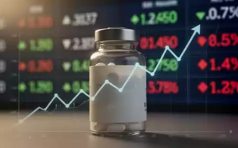 Eine pharmazeutische Flasche mit einem unscharfen Börsenticker im Hintergrund, der eine positive Kursentwicklung anzeigt. - Foto: über boerse-global.de