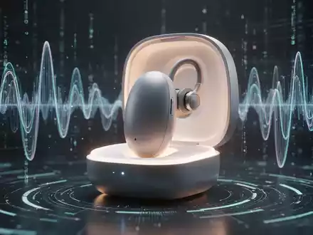 A sleek, futuristic, minimalist behind-the-ear AI device with a soft glow, surrounded by abstract digital sound waves and data streams. - Foto: über boerse-global.de