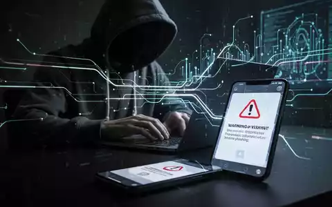 A person in a hoodie typing on a laptop, with digital lines and a smartphone showing a phishing warning, representing AI cybercrime. - Foto: über boerse-global.de