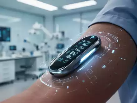 Nahaufnahme eines futuristischen optischen Blutzucker-Messsystems am Arm, mit sanft leuchtenden digitalen Anzeigen in einem medizinischen Labor. - Foto: über boerse-global.de