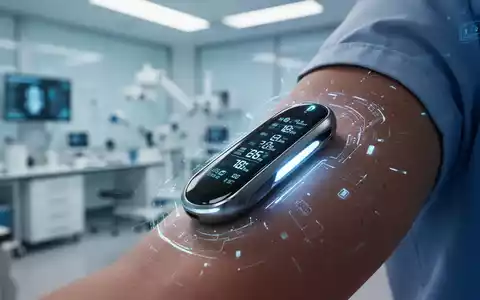 Nahaufnahme eines futuristischen optischen Blutzucker-Messsystems am Arm, mit sanft leuchtenden digitalen Anzeigen in einem medizinischen Labor. - Foto: über boerse-global.de