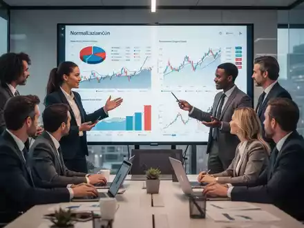 Geschäftsleute besprechen Diagramme und Daten auf einem Bildschirm, symbolisch für die Lohnentwicklung und Wirtschaftsanalysen im Euroraum. - Foto: über boerse-global.de