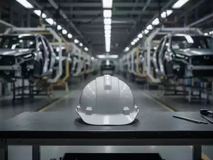 Ein einzelner Bauhelm liegt auf einer Werkbank in einer gedämpften Autofabrik, symbolisiert Arbeitsplatzverluste. - Foto: über boerse-global.de