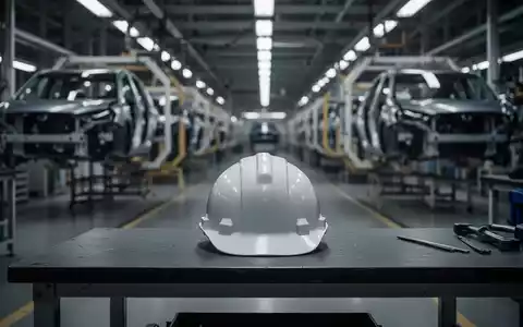 Ein einzelner Bauhelm liegt auf einer Werkbank in einer gedämpften Autofabrik, symbolisiert Arbeitsplatzverluste. - Foto: über boerse-global.de