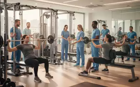 Menschen trainieren in einem modernen Physiotherapiezentrum, wobei der Fokus auf Rückenübungen und Krafttraining liegt. - Foto: über boerse-global.de