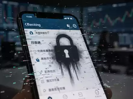 Ein Smartphone-Bildschirm zeigt eine gestörte Banking-App mit einem dunklen, digitalen Schloss-Symbol, um Datenklau darzustellen. - Foto: über boerse-global.de