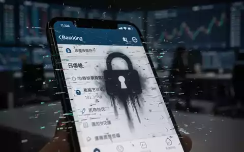 Ein Smartphone-Bildschirm zeigt eine gestörte Banking-App mit einem dunklen, digitalen Schloss-Symbol, um Datenklau darzustellen. - Foto: über boerse-global.de
