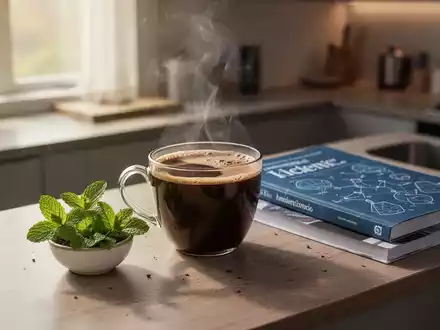 Eine Tasse Kaffee, Minzblätter und eine Zeitschrift auf einer Küchenarbeitsplatte, die häusliche Entzündungsreduktion symbolisiert. - Foto: über boerse-global.de
