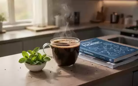 Eine Tasse Kaffee, Minzblätter und eine Zeitschrift auf einer Küchenarbeitsplatte, die häusliche Entzündungsreduktion symbolisiert. - Foto: über boerse-global.de