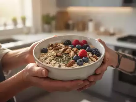 Nahaufnahme von Händen, die eine Schüssel mit gesundem Frühstück (Hafer, Beeren, Nüsse) in einer modern beleuchteten Küche halten. - Foto: über boerse-global.de