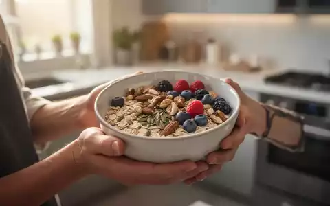 Nahaufnahme von Händen, die eine Schüssel mit gesundem Frühstück (Hafer, Beeren, Nüsse) in einer modern beleuchteten Küche halten. - Foto: über boerse-global.de