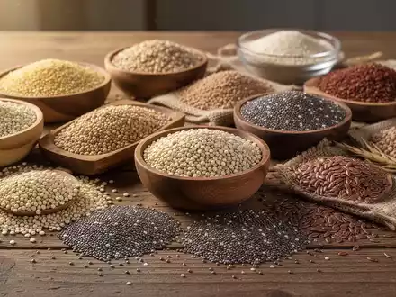 Eine Auswahl an ballaststoffreichen Lebensmitteln wie Quinoa, Buchweizen, Linsen und Chiasamen, appetitlich auf einem Holztisch arrangiert. - Foto: über boerse-global.de