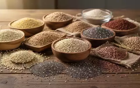Eine Auswahl an ballaststoffreichen Lebensmitteln wie Quinoa, Buchweizen, Linsen und Chiasamen, appetitlich auf einem Holztisch arrangiert. - Foto: über boerse-global.de