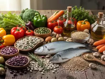 Eine Stillleben-Komposition aus frischem Gemüse, Hülsenfrüchten, Vollkornprodukten, Fisch und Olivenöl auf einem Holztisch. - Foto: über boerse-global.de