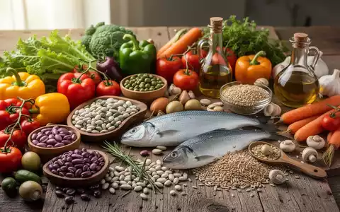 Eine Stillleben-Komposition aus frischem Gemüse, Hülsenfrüchten, Vollkornprodukten, Fisch und Olivenöl auf einem Holztisch. - Foto: über boerse-global.de
