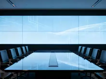 Ein moderner Konferenzraum in Düsseldorf mit großem Bildschirm und leeren Stühlen, vorbereitet für eine Hauptversammlung. - Foto: über boerse-global.de