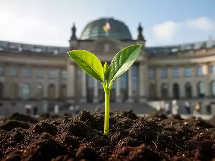 Nahaufnahme einer jungen, grünen Pflanze, die aus der Erde sprießt, mit einem unscharfen Hintergrund eines europäischen Parlamentsgebäudes. - Foto: über boerse-global.de