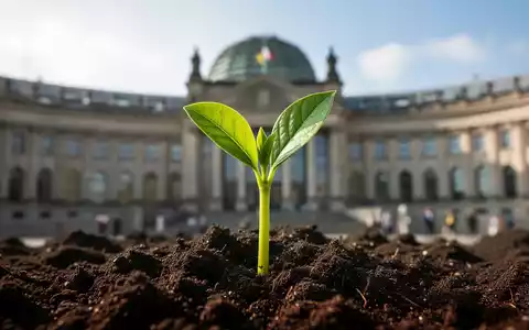 Nahaufnahme einer jungen, grünen Pflanze, die aus der Erde sprießt, mit einem unscharfen Hintergrund eines europäischen Parlamentsgebäudes. - Foto: über boerse-global.de