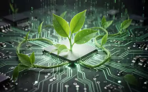 Ein stilisiertes, leuchtendes Schaltkreisboard, das mit grünen Blättern und einem digitalen Datenfluss überlagert ist. - Foto: über boerse-global.de