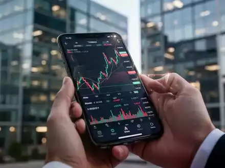 Nahaufnahme einer Hand, die ein Smartphone mit einer Börsen-App hält, im Hintergrund ein modernes Bürogebäude. - Foto: über boerse-global.de
