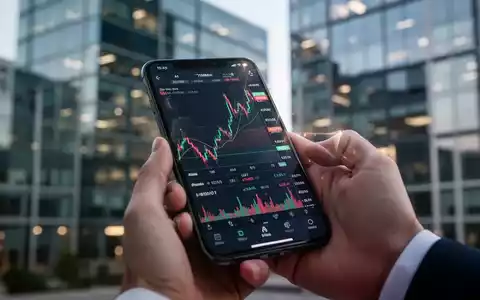 Nahaufnahme einer Hand, die ein Smartphone mit einer Börsen-App hält, im Hintergrund ein modernes Bürogebäude. - Foto: über boerse-global.de