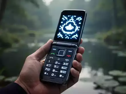 A sleek, retro-futuristic flip phone with a glowing screen, held in a hand, symbolizing digital detox and focused communication. - Foto: über boerse-global.de