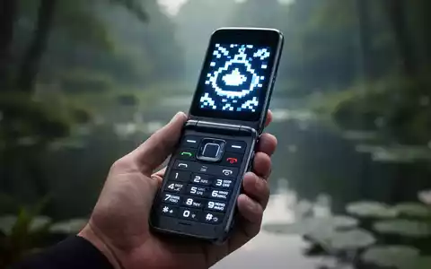 A sleek, retro-futuristic flip phone with a glowing screen, held in a hand, symbolizing digital detox and focused communication. - Foto: über boerse-global.de