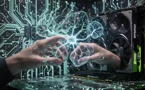 Eine Hand interagiert mit einer holografischen KI-Oberfläche, umgeben von leuchtenden Leiterplatten und einer RTX 30 GPU. - Foto: über boerse-global.de