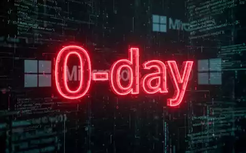 A glowing red '0-day' symbol on a dark, abstract digital background with code, representing a zero-day vulnerability. - Foto: über boerse-global.de