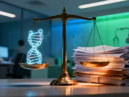Abstrakte Darstellung von Recht und Wissenschaft, mit Waagschalen, die Moleküle und Rechtsdokumente ausbalancieren, in einem Büroumfeld. - Foto: über boerse-global.de