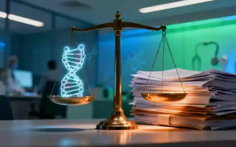 Abstrakte Darstellung von Recht und Wissenschaft, mit Waagschalen, die Moleküle und Rechtsdokumente ausbalancieren, in einem Büroumfeld. - Foto: über boerse-global.de