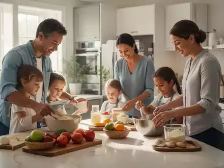 Eine Familie, bestehend aus Eltern und Kindern, die gemeinsam Haushaltsaufgaben in einem modernen, organisierten Zuhause erledigen. - Foto: über boerse-global.de