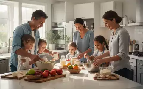 Eine Familie, bestehend aus Eltern und Kindern, die gemeinsam Haushaltsaufgaben in einem modernen, organisierten Zuhause erledigen. - Foto: über boerse-global.de