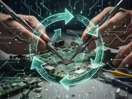 Hände reparieren eine Platine, umgeben von leuchtenden digitalen Schaltkreisen und Pfeilen, die Kreislaufwirtschaft symbolisieren. - Foto: über boerse-global.de