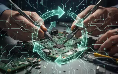 Hände reparieren eine Platine, umgeben von leuchtenden digitalen Schaltkreisen und Pfeilen, die Kreislaufwirtschaft symbolisieren. - Foto: über boerse-global.de
