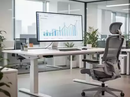 Ein modernes, ergonomisches Büro mit einem großen Monitor, einem höhenverstellbaren Schreibtisch und einem ergonomischen Bürostuhl in einem hellen, hybriden Arbeitsbereich. - Foto: über boerse-global.de