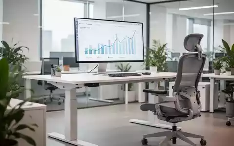 Ein modernes, ergonomisches Büro mit einem großen Monitor, einem höhenverstellbaren Schreibtisch und einem ergonomischen Bürostuhl in einem hellen, hybriden Arbeitsbereich. - Foto: über boerse-global.de