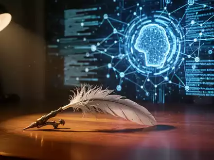 Eine Feder auf einem Schreibtisch, im Hintergrund verschwommen eine futuristische holografische Projektion von KI-Datenströmen. - Foto: über boerse-global.de