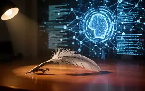 Eine Feder auf einem Schreibtisch, im Hintergrund verschwommen eine futuristische holografische Projektion von KI-Datenströmen. - Foto: über boerse-global.de