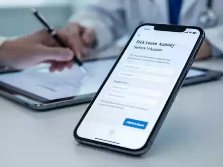 Nahaufnahme eines Smartphones, das eine digitale Krankmeldung anzeigt, im Hintergrund verschwommen eine Hand, die einen Stift hält. - Foto: über boerse-global.de