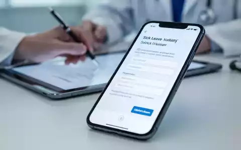 Nahaufnahme eines Smartphones, das eine digitale Krankmeldung anzeigt, im Hintergrund verschwommen eine Hand, die einen Stift hält. - Foto: über boerse-global.de