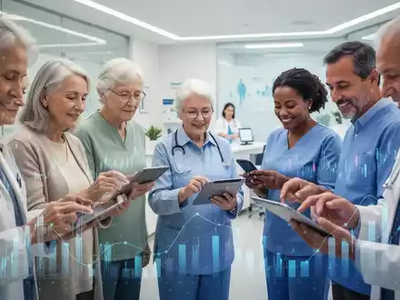 Eine vielfältige Gruppe von Menschen nutzt digitale Geräte, im Hintergrund ein modernes Büro oder eine Klinik, die Effizienz und Auswahl im Gesundheitswesen symbolisiert. - Foto: über boerse-global.de